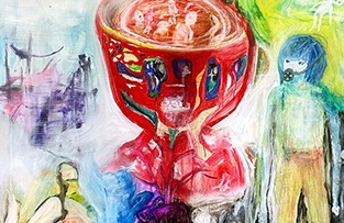 Oil painting titled Brains plus Nuclear Power